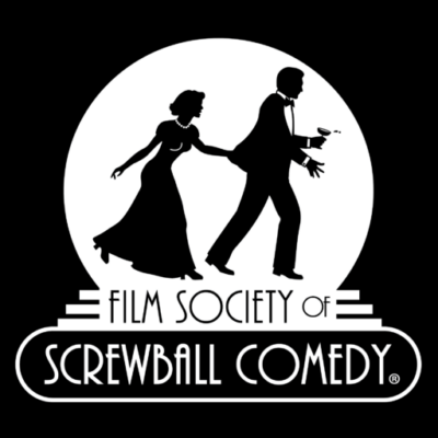 Film Society of Screwball Comedy's Logo, woman grabbing man's tux jacket as he spills champagne coupe.